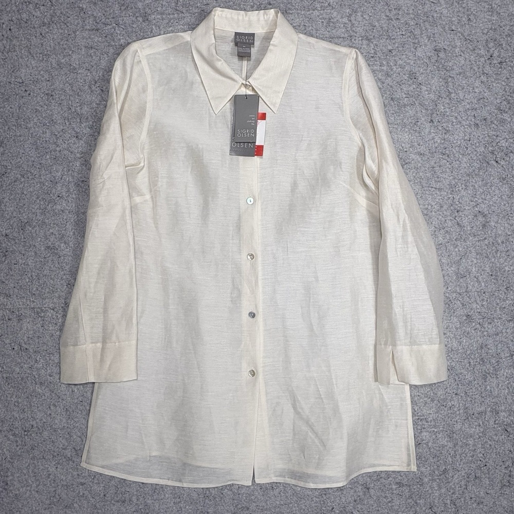 Sigrid Olsen Womens M Linen Silk Button Front Long Tunic Blouse Bone NWT